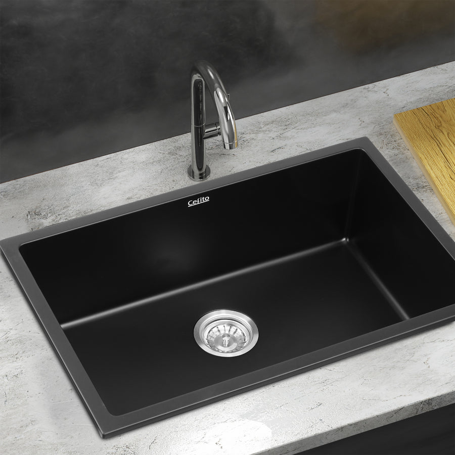Cefito Kitchen Sink 70x45cm Granite Stone Sink Single Bowl Black