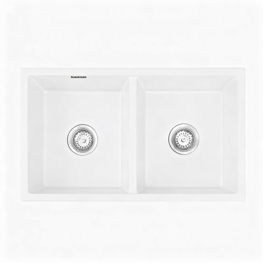 Cefito Kitchen Sink 77x45cm Granite Stone Sink Double Bowl White