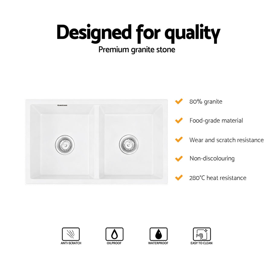Cefito Kitchen Sink 77x45cm Granite Stone Sink Double Bowl White