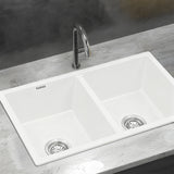 Cefito Kitchen Sink 77x45cm Granite Stone Sink Double Bowl White - Close-Up Angle