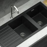 Cefito Kitchen Sink Stone Sink Granite Laundry Basin Double Bowl 116x49cm Black - Low Angle