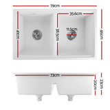 Cefito Kitchen Sink Stone Sink Granite Laundry Basin Double Bowl 79cmx46cm White - Front View