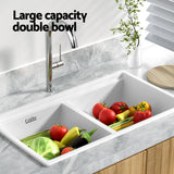 Cefito Kitchen Sink Stone Sink Granite Laundry Basin Double Bowl 79cmx46cm White - 45-Degree Angle