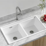 Cefito Kitchen Sink Stone Sink Granite Laundry Basin Double Bowl 79cmx46cm White - Close-Up Angle