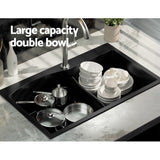 Cefito Kitchen Sink 76X47CM Granite Stone Basin Double Bowl Laundry Black - 45-Degree Angle