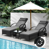 Livsip 2x Wheeled Sun Lounger & Table Outdoor Set Black - Rear View