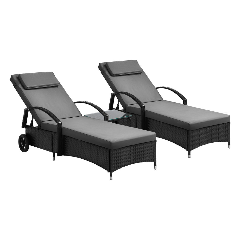 Livsip 2x Wheeled Sun Lounger & Table Outdoor Set Black