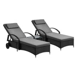Livsip 2x Wheeled Sun Lounger & Table Outdoor Set Black
