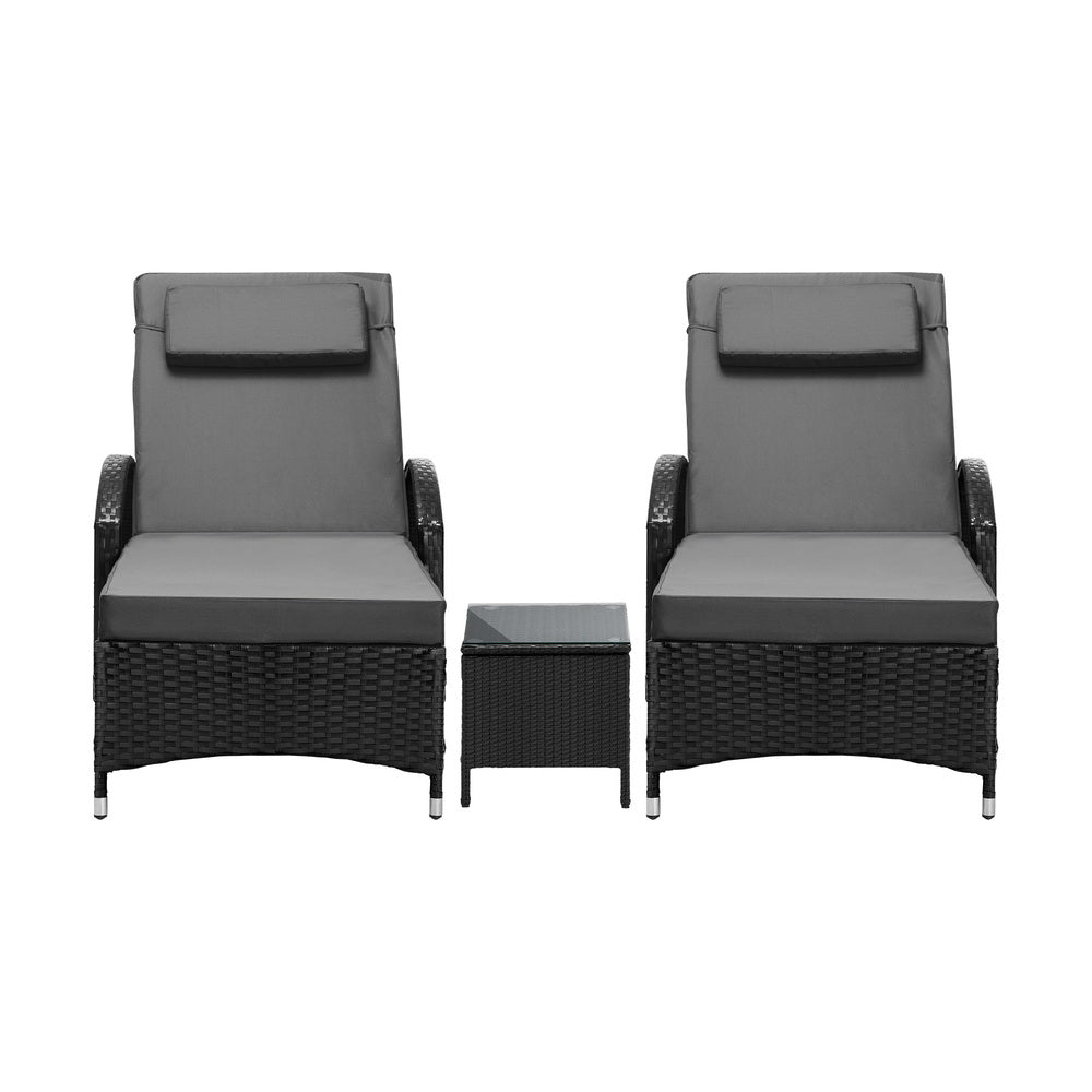Livsip 2x Wheeled Sun Lounger & Table Outdoor Set Black