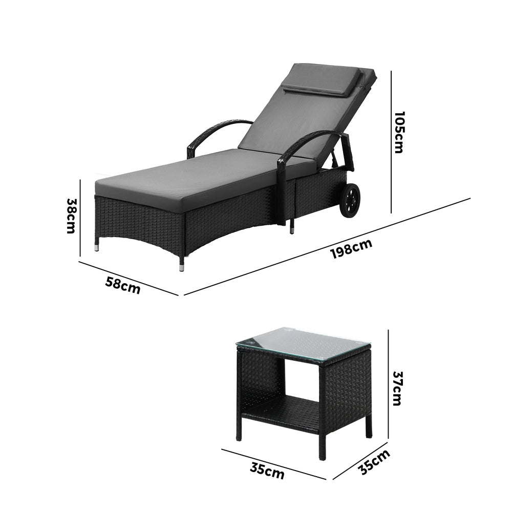 Livsip 2x Wheeled Sun Lounger & Table Outdoor Set Black