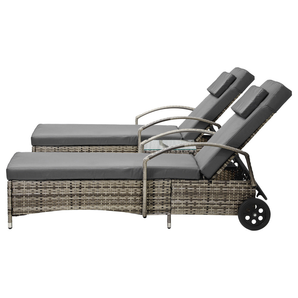 Livsip 2x Wheeled Sun Lounger & Table Outdoor Set Grey