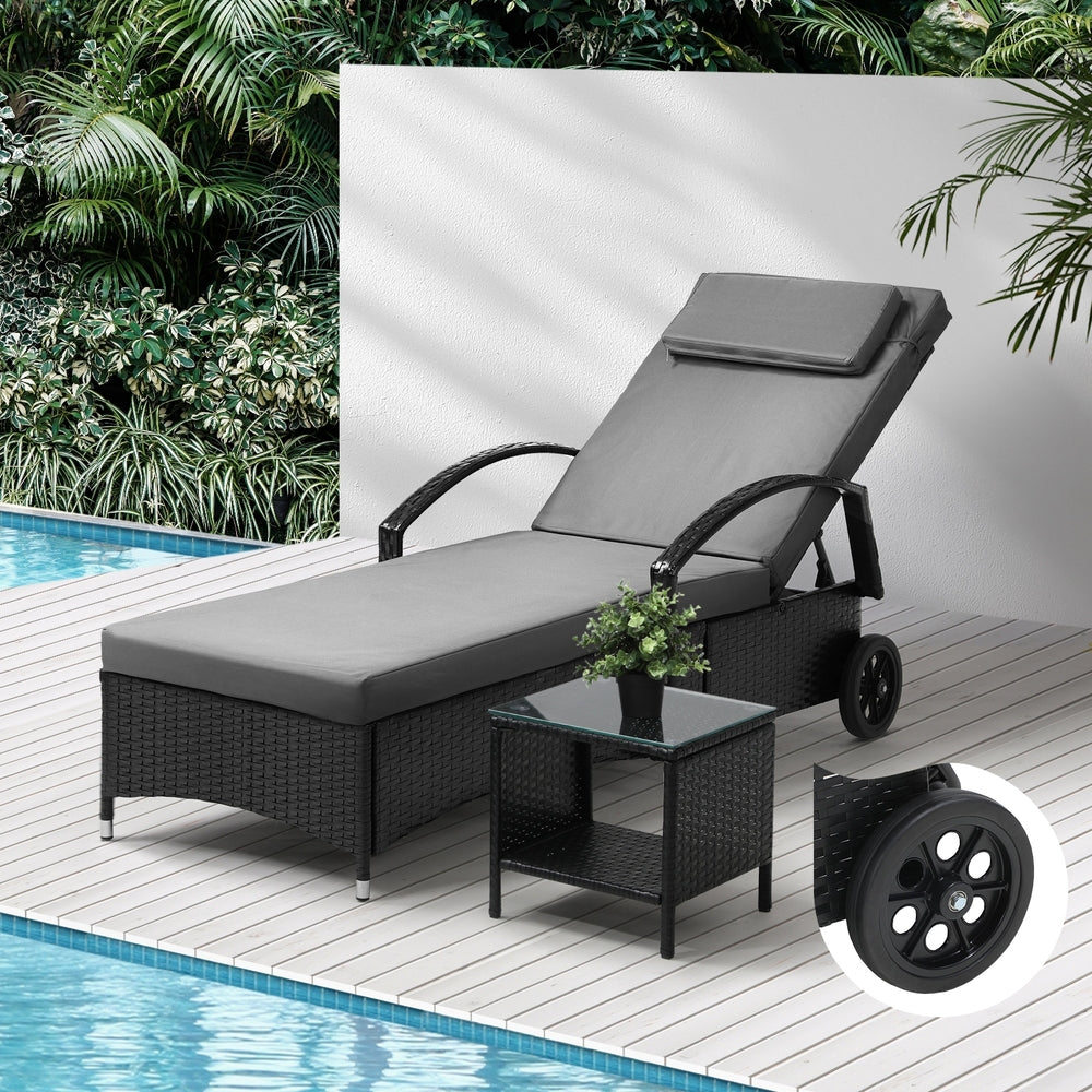 Livsip Wheeled Sun Lounger with Table Patio Set Grey&Black