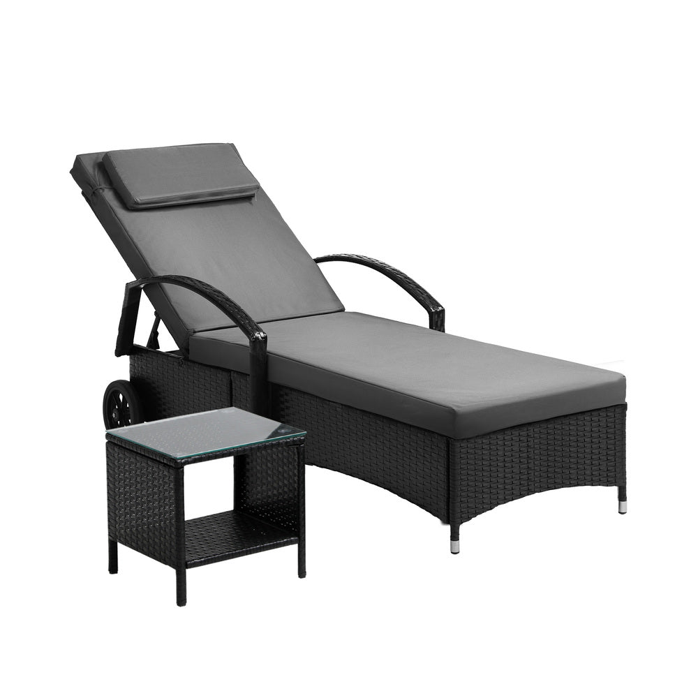 Livsip Wheeled Sun Lounger with Table Patio Set Grey&Black