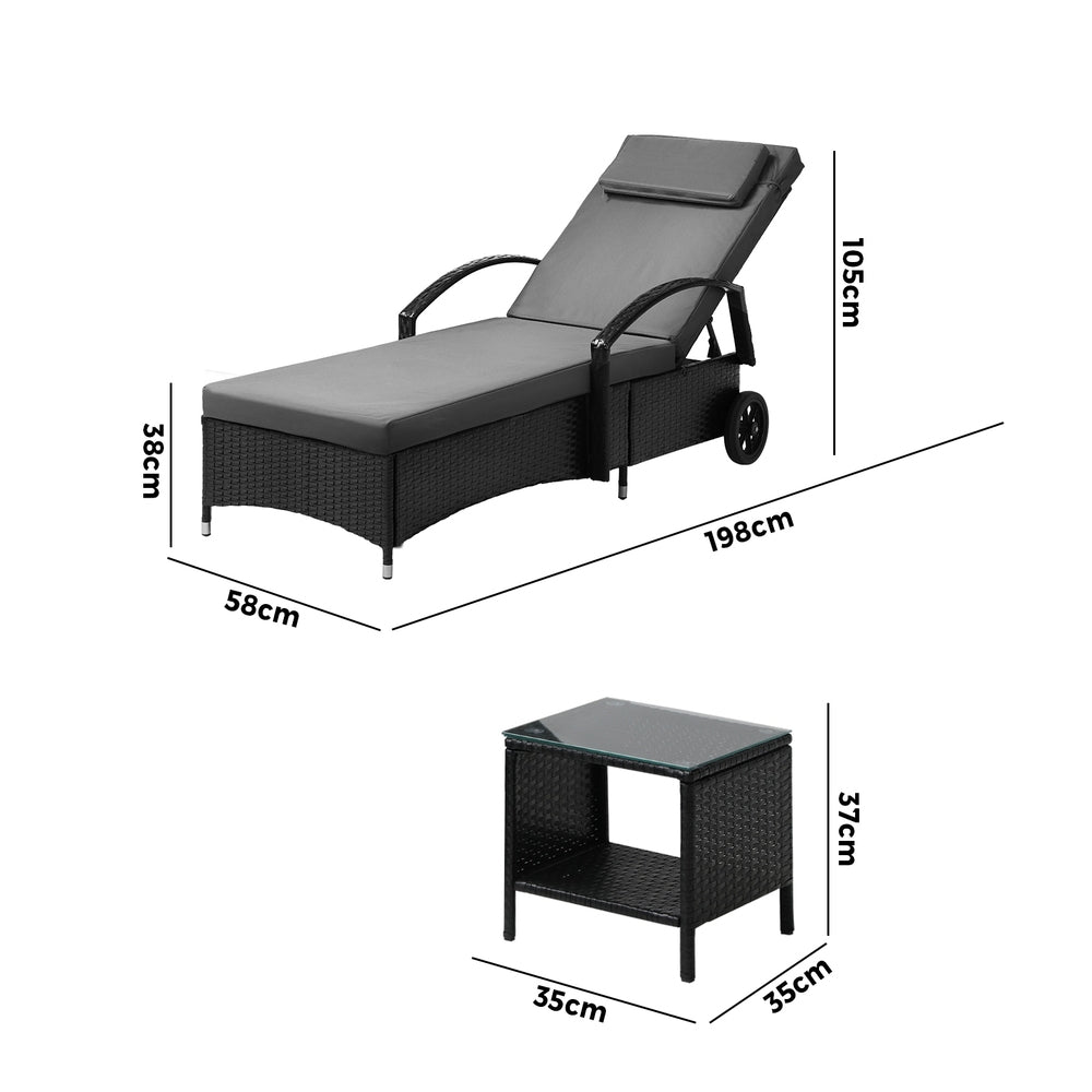 Livsip Wheeled Sun Lounger with Table Patio Set Grey&Black