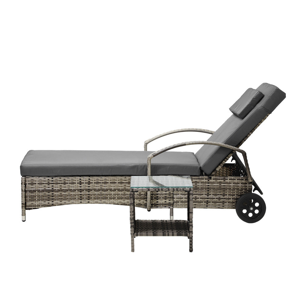 Livsip Wheeled Sun Lounger with Table Patio Set Grey