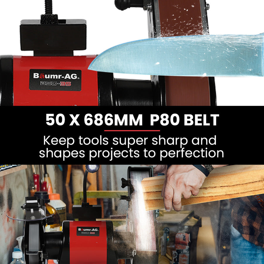 BAUMR-AG Bench Grinder and Belt Sander Combo, 150mm Grinding Disc, 50 x 686mm Linisher, Brushless Motor, Worklight