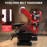 BAUMR-AG Bench Vertical Belt and Disc Sander Combo, 25mm Linisher, 125mm Sanding Disc, Brushless Motor, Dust Collection Ports - Close-Up Angle