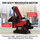 BAUMR-AG Bench Vertical Belt and Disc Sander Combo, 25mm Linisher, 125mm Sanding Disc, Brushless Motor, Dust Collection Ports - Front View
