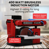 BAUMR-AG Bench Belt and Disc Sander Combo, 100mm Linisher + 150mm Disc, S1 Rated 400W Brushless Motor, Horizontal & Vertical Sanding - Front View