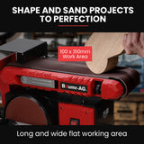 BAUMR-AG Bench Belt and Disc Sander Combo, 100mm Linisher + 150mm Disc, S1 Rated 400W Brushless Motor, Horizontal & Vertical Sanding - Close-Up Angle