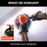 UNIMAC 180mm 850W Handheld Drywall Sander, Electric Dry Wall Sanding Machine, with Automatic Vacuum System, LED Worklight, 6x Sanding Discs - Close-Up Angle
