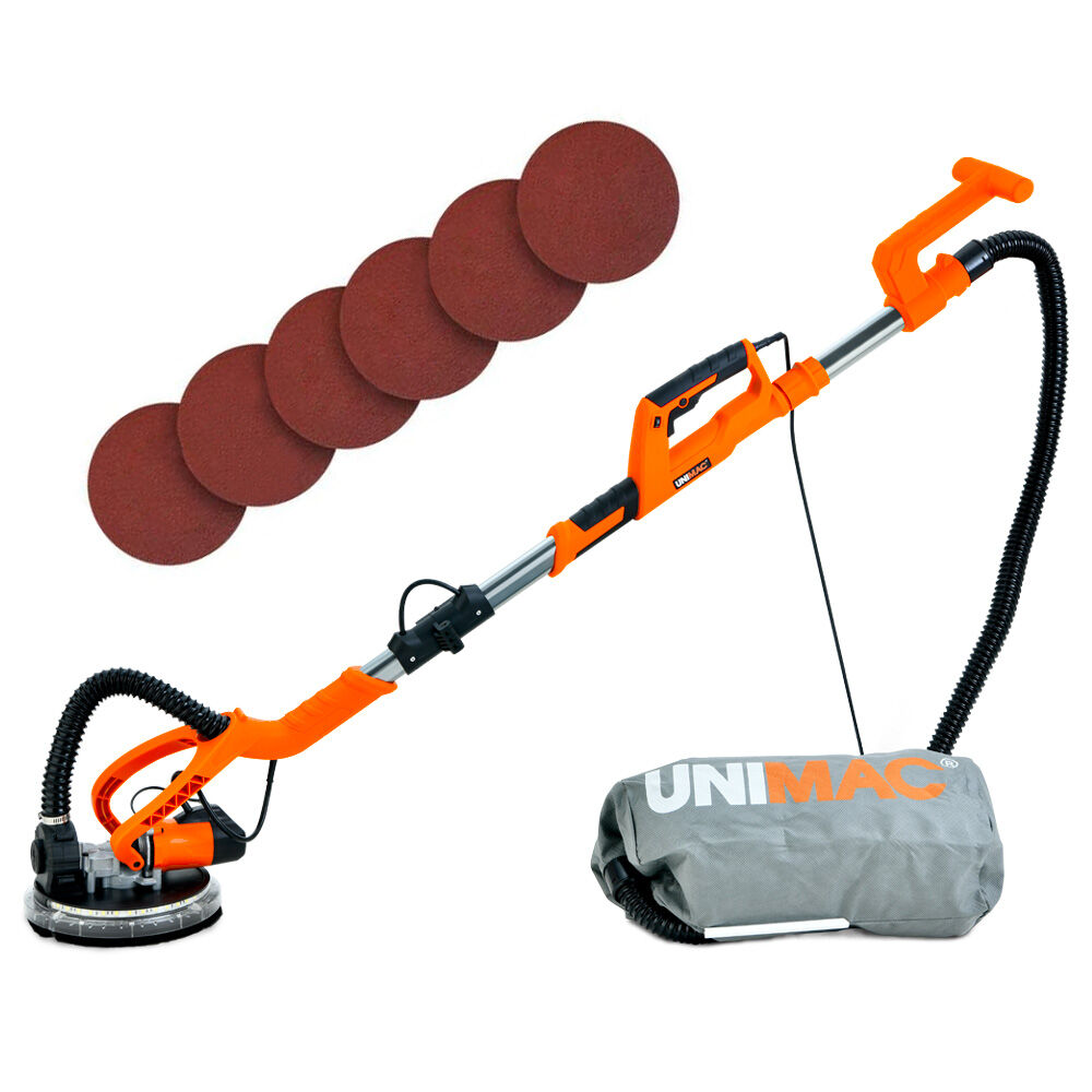 Unimac 225mm 750W Telescopic Long Reach Dry Wall Sander Kit, Foldable, Vacuum System, LED Worklight,