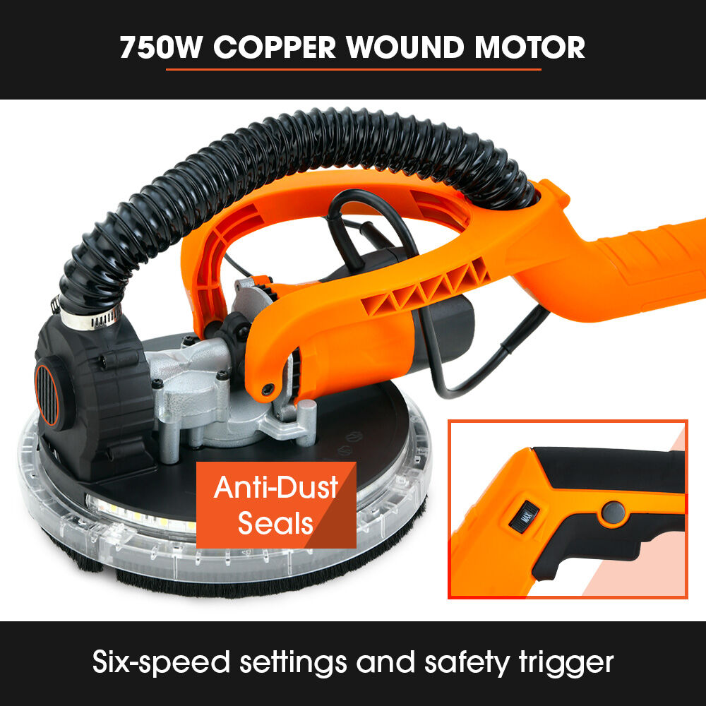 Unimac 225mm 750W Telescopic Long Reach Dry Wall Sander Kit, Foldable, Vacuum System, LED Worklight,