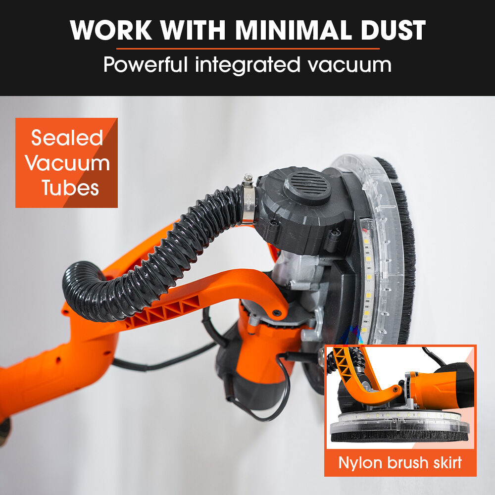 Unimac 225mm 750W Telescopic Long Reach Dry Wall Sander Kit, Foldable, Vacuum System, LED Worklight,