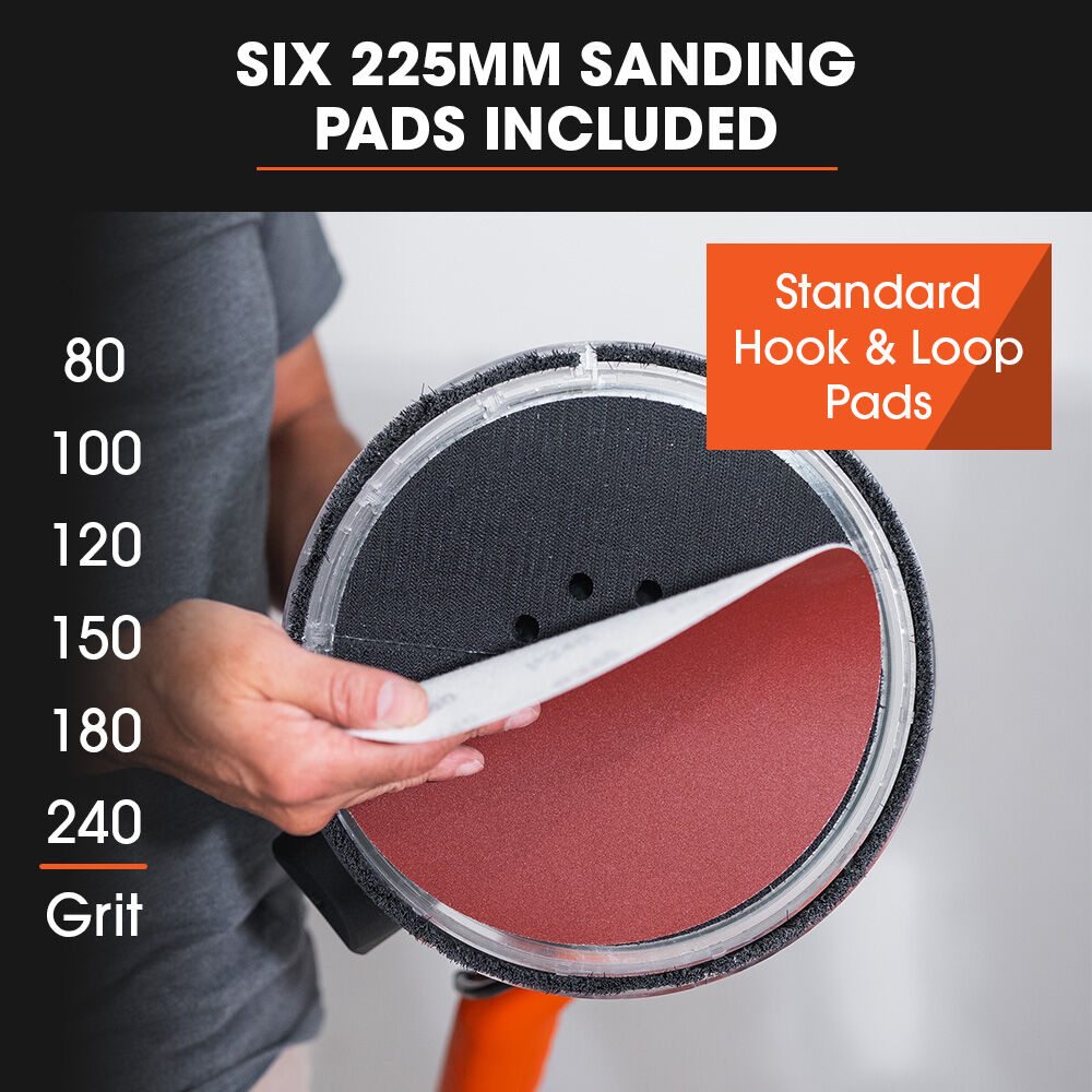 Unimac 225mm 750W Telescopic Long Reach Dry Wall Sander Kit, Foldable, Vacuum System, LED Worklight,