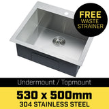 304 Stainless Steel Undermount Topmount Kitchen Laundry Sink - 530 x 500mm - Top-Down View