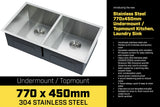 304 Stainless Steel Undermount Topmount Kitchen Laundry Sink - 770 x 450mm - Front View