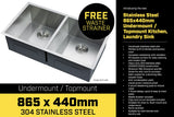 304 Stainless Steel Undermount Topmount Kitchen Laundry Sink - 865 x 440mm - Front View