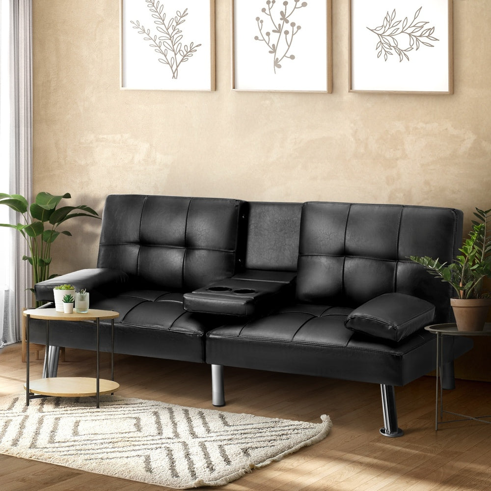 Oikiture 3-Seater Sofa Bed with Cup Holders Black Leather
