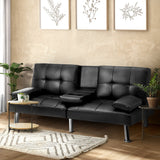 Oikiture 3-Seater Sofa Bed with Cup Holders Black Leather - Close-Up Angle
