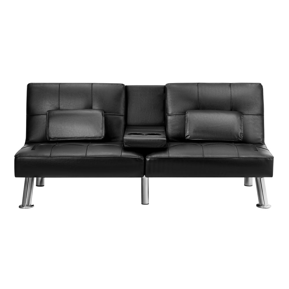 Oikiture 3-Seater Sofa Bed with Cup Holders Black Leather