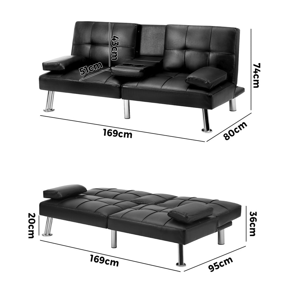 Oikiture 3-Seater Sofa Bed with Cup Holders Black Leather