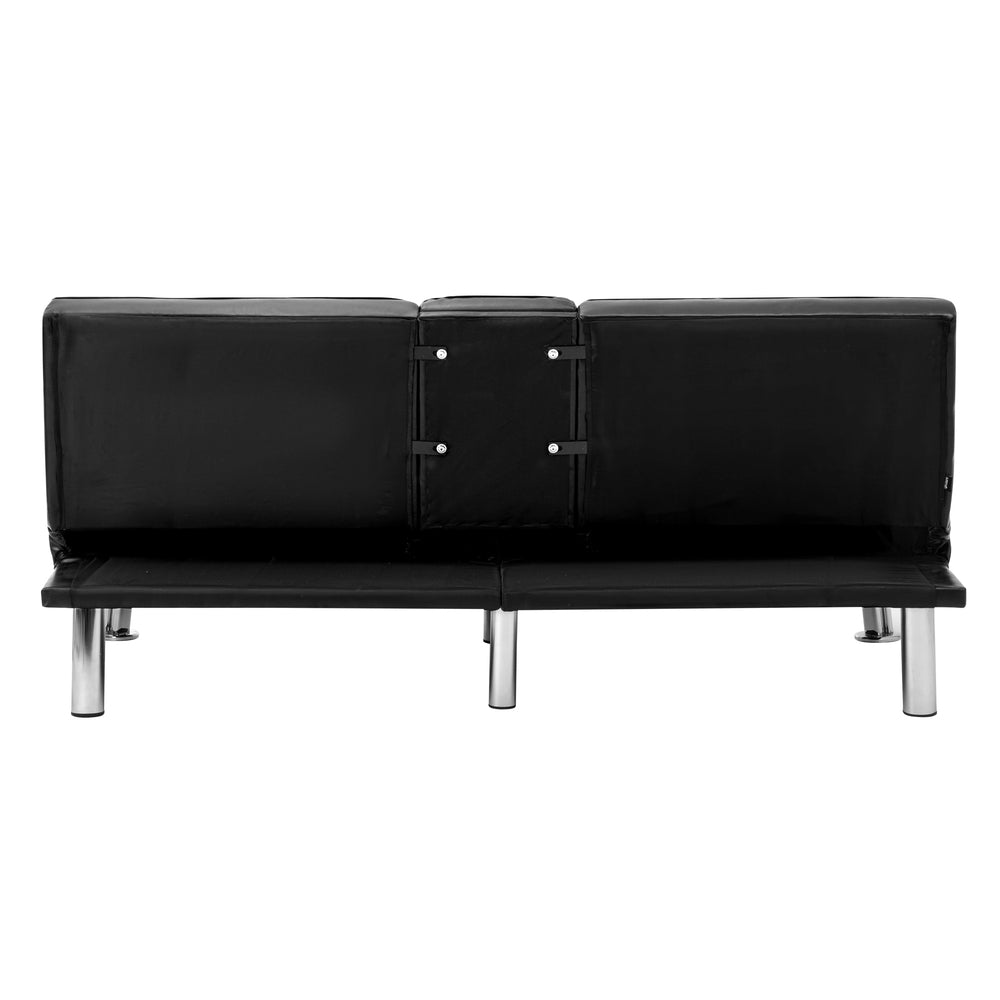 Oikiture 3-Seater Sofa Bed with Cup Holders Black Leather