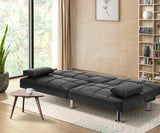 Oikiture 3-Seater Sofa Bed with Cup Holders Black Leather