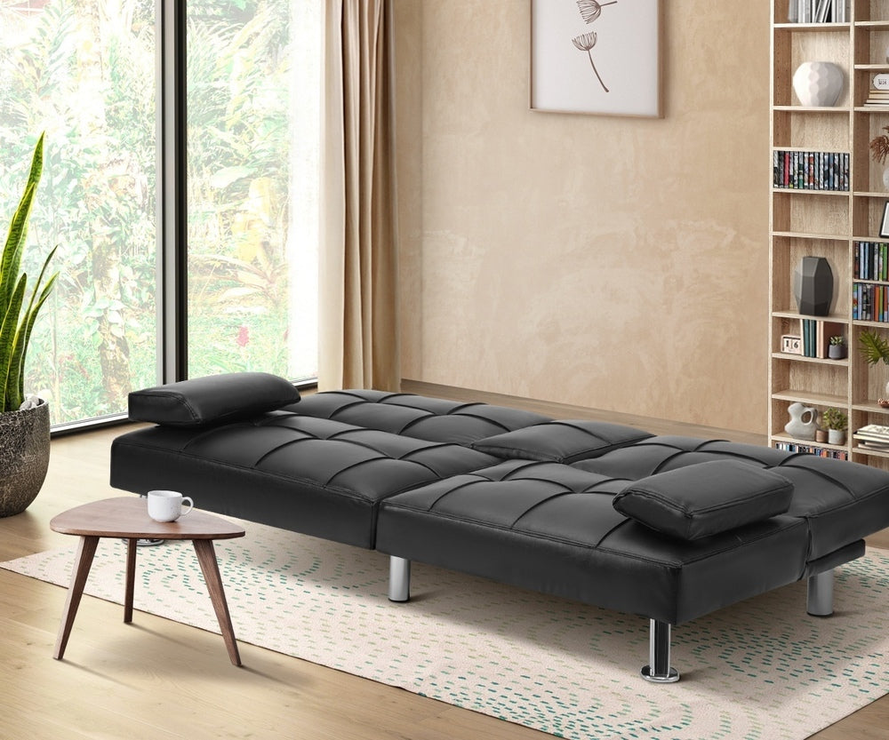 Oikiture 3-Seater Sofa Bed with Cup Holders Black Leather