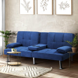 Oikiture Sofa Bed 3 Seater with Cup Holder Velvet Blue - Side View