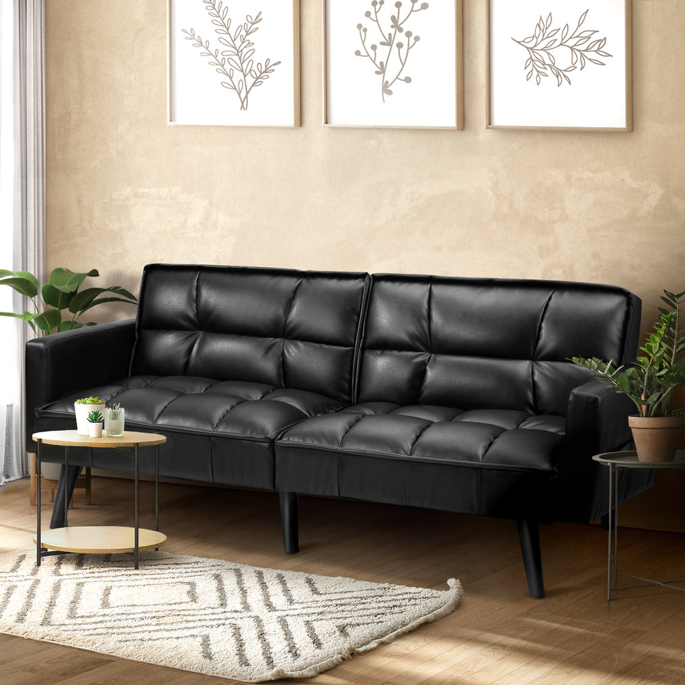 Oikiture Sofa Bed Futon Convertible Leather 3-Seater Black