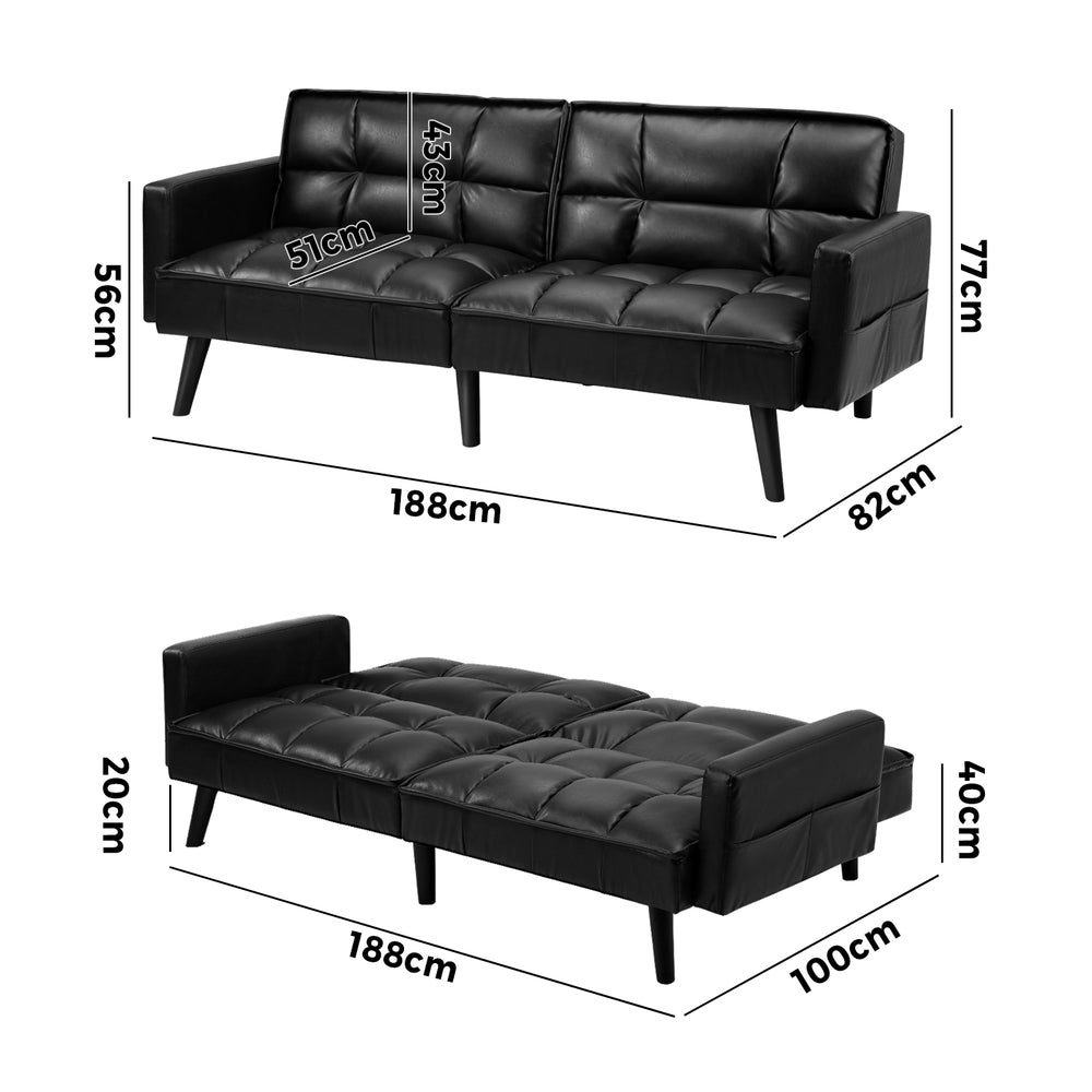 Oikiture Sofa Bed Futon Convertible Leather 3-Seater Black
