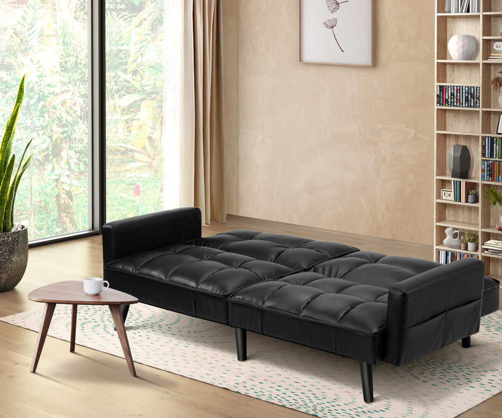 Oikiture Sofa Bed Futon Convertible Leather 3-Seater Black