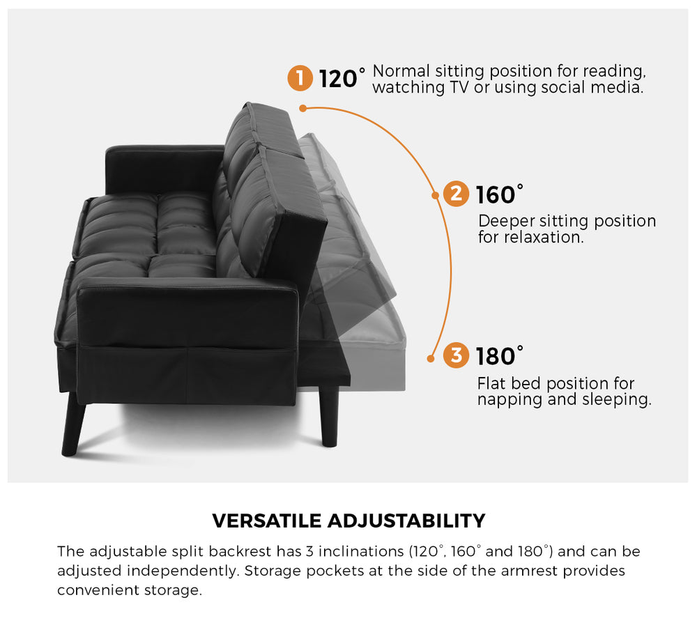 Oikiture Sofa Bed Futon Convertible Leather 3-Seater Black