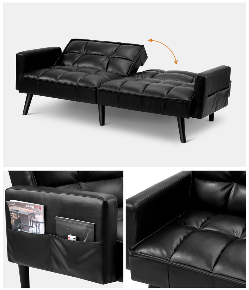 Oikiture Sofa Bed Futon Convertible Leather 3-Seater Black