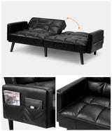Oikiture Sofa Bed Futon Convertible Leather 3-Seater Black - Low Angle