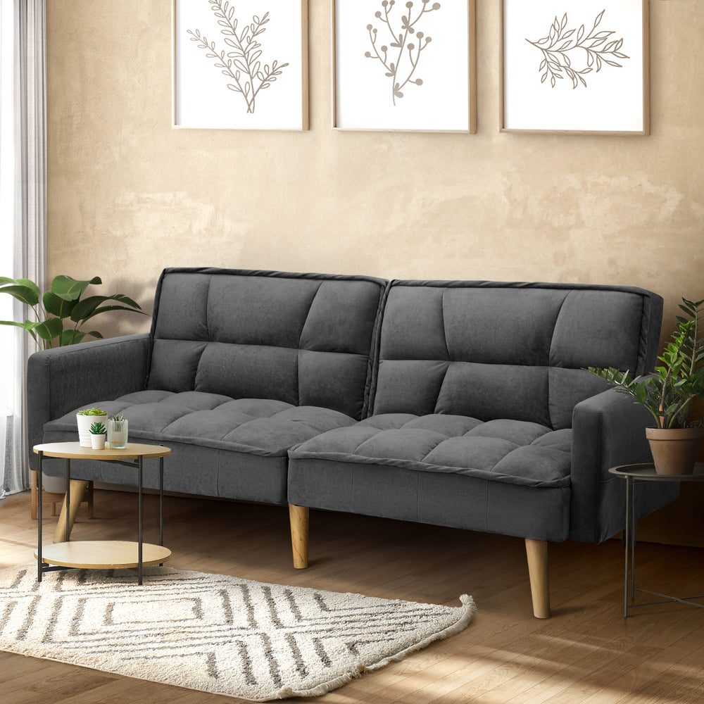Oikiture Sofa Bed Convertible Velvet 3-Seater Grey