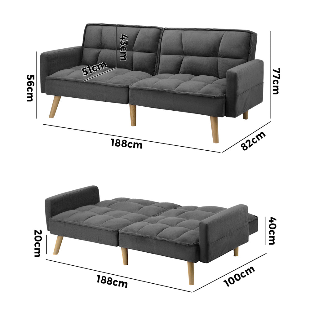 Oikiture Sofa Bed Convertible Velvet 3-Seater Grey