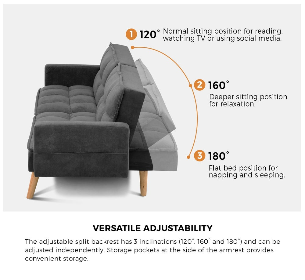 Oikiture Sofa Bed Convertible Velvet 3-Seater Grey