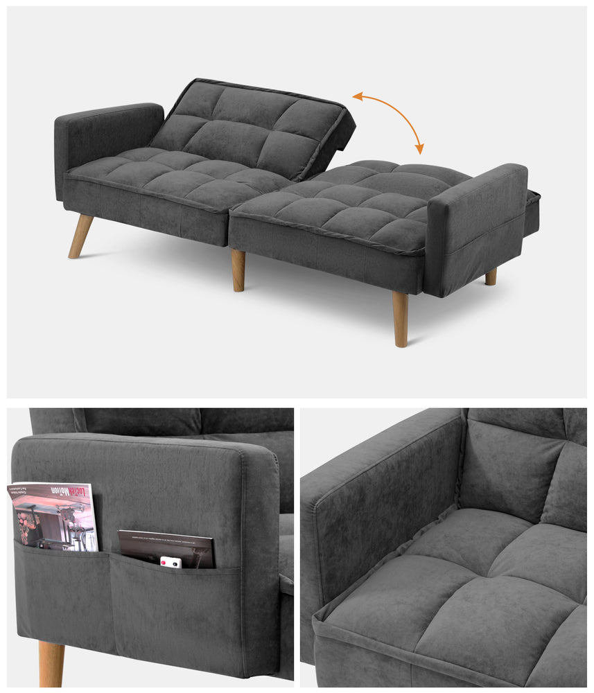 Oikiture Sofa Bed Convertible Velvet 3-Seater Grey